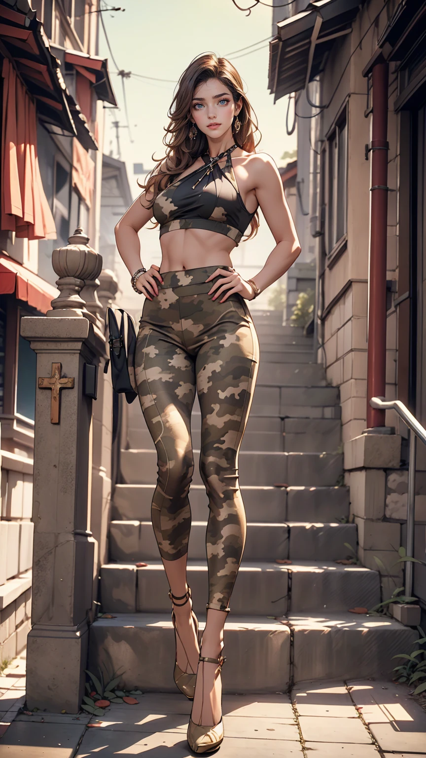 24-year-old female、long hair、Straight Hair、Shiny hair、Sexy proportions、Wear a camouflage cross halter top、Wear low-rise camouflage leggings、Wearing camouflage stiletto heels、smile、Place your hands on your hips、Concrete wall background、Plenty of sunshine、Cowboy Shot