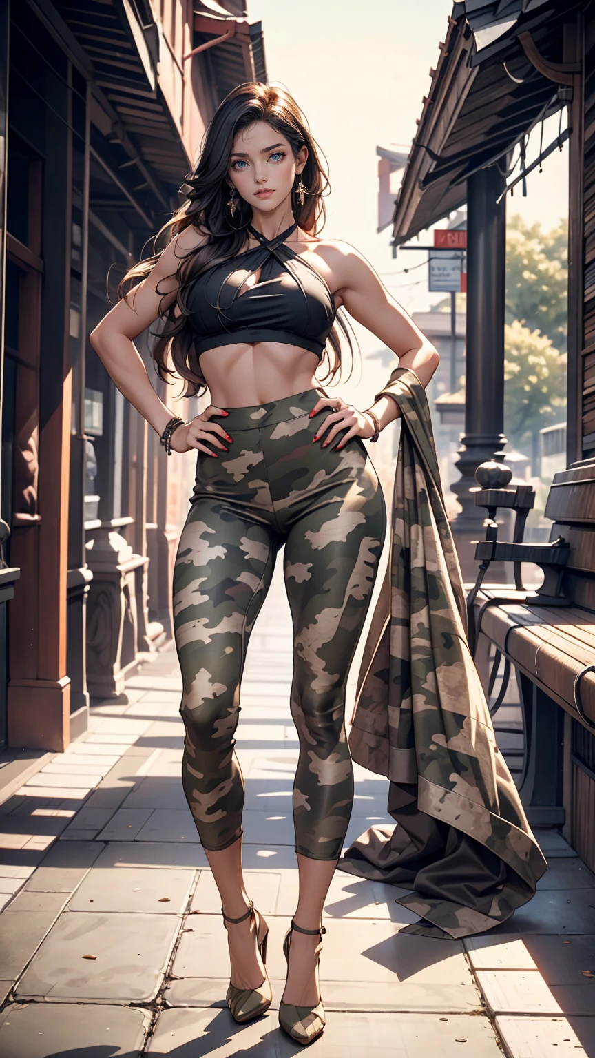 24-year-old female、long hair、Straight Hair、Shiny hair、Sexy proportions、Wear a camouflage cross halter top、Wear low-rise camouflage leggings、Wearing camouflage stiletto heels、smile、Place your hands on your hips、Concrete wall background、Plenty of sunshine、Cowboy Shot