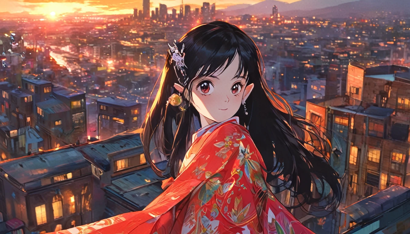 1girl, expressive eyes, smug face, sneaky smile, elf ears, black hair, hair in front of one eye, red patterned clothes, big urban city in sunset in background, cute ghost in background, detail richness, masterpiece, best quality