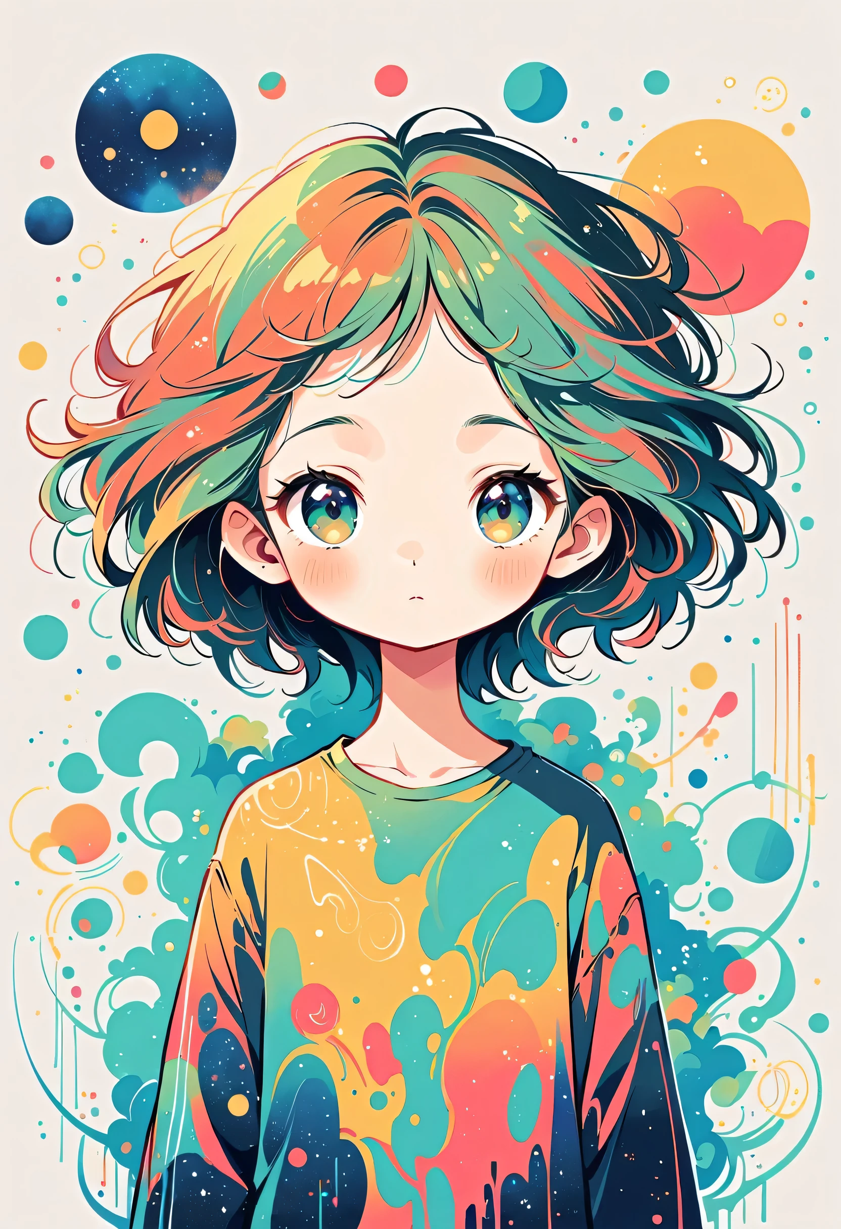Watase Seizo style, Standing in front of a high wall,Simple Line Initialism,Abstract art,galactic universe Background, (((The most beautiful girl))),