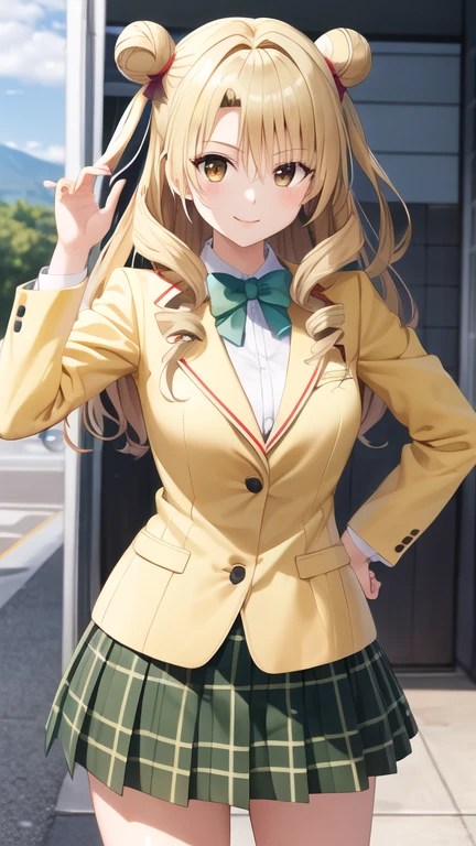 masterpiece, best quality, highres, 1girl, solo, long hair, blonde hair, double bun, drill hair, brown eyes, , green bowtie, blazer, yellow jacket, long sleeves, plaid skirt, green skirt, standing, cowboy shot, outdoors, smile,