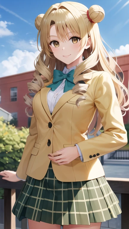 masterpiece, best quality, highres, 1girl, solo, long hair, blonde hair, double bun, drill hair, brown eyes, , green bowtie, blazer, yellow jacket, long sleeves, plaid skirt, green skirt, standing, cowboy shot, outdoors, smile,