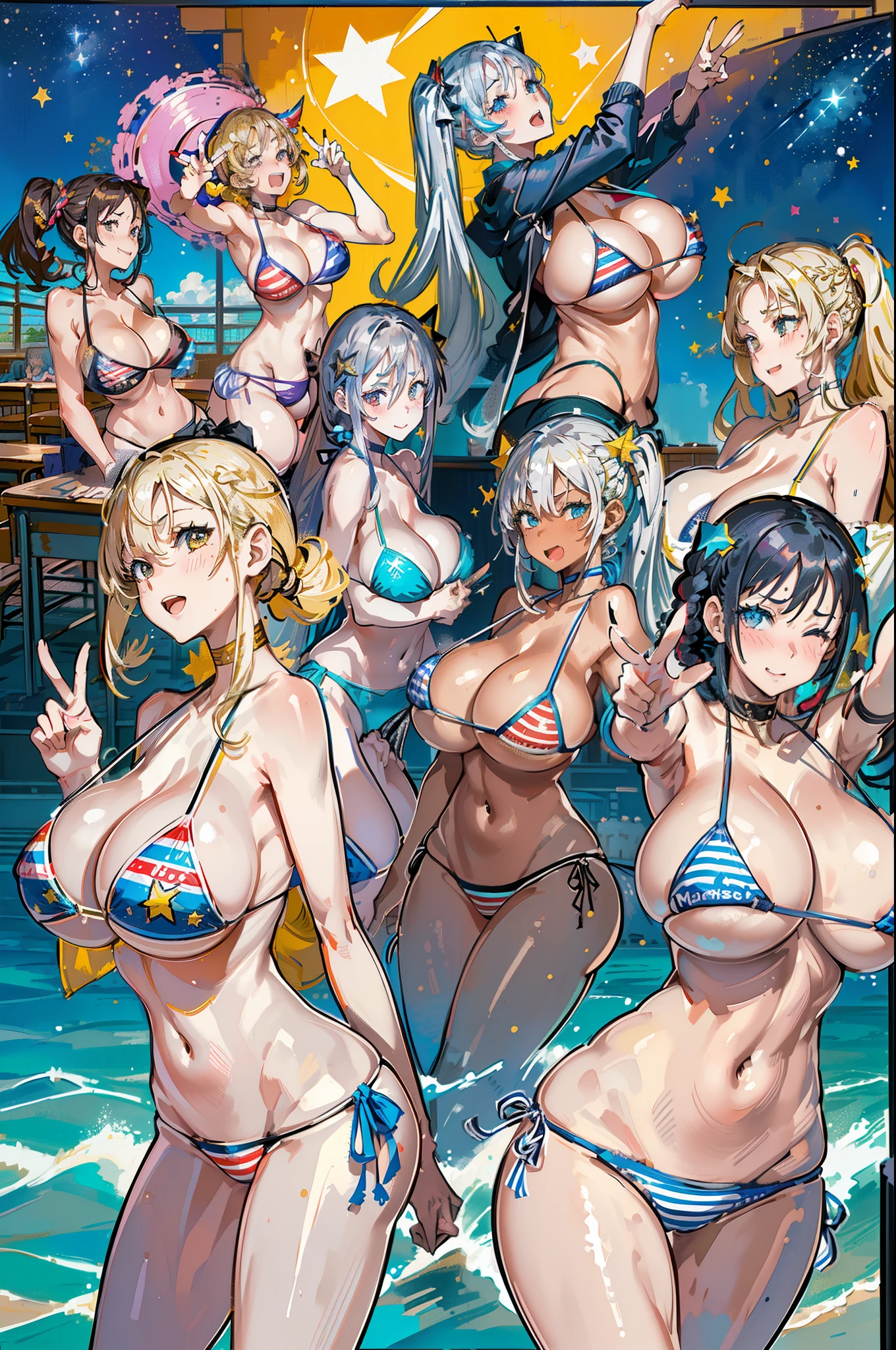 (masterpiece), highest quality, (colorful:1.1), (Five Girls, Group shot:1.4), (The body is slim:1.1), (Huge boobs:1.5), (Dark Skin:1.1), (muscle:1.1), Blonde, Silver Hair, Twin tails, Braiding, amount, (Leaning forward:1.4), (Open your mouth, Smile:1.1), (Wink:1.2), peace sign, (Stars and Stripes Bikini, Micro Bikini:1.1), Cowboy Shot, (classroom:1.1), blackboard