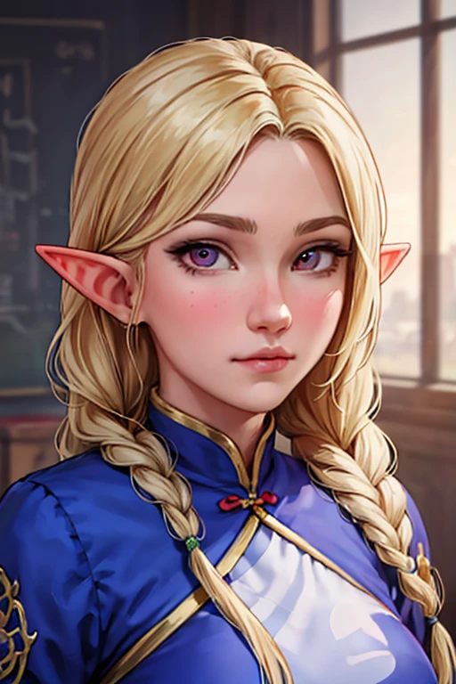 (1female elf ), masterpiece, best quality, super fine illustration, an extremely cute, highly detailed beautiful face looking at the viewer, 1girl, belt, close-up, looking at the viewer, 4k, high resolution, full body, The image features a female character with long blonde hair, wearing braids, wearing a blue and white .   The character looks directly at the camera with a soft gaze and calm expression.   Big bust,blonde hair,pink eyes,The image has a cartoon style and a soft color palette, creating a calm and contemplative atmosphere.  Scenario in front of everyone in the classroom, introducing himself,Wearing traditional Chinese  uniform 