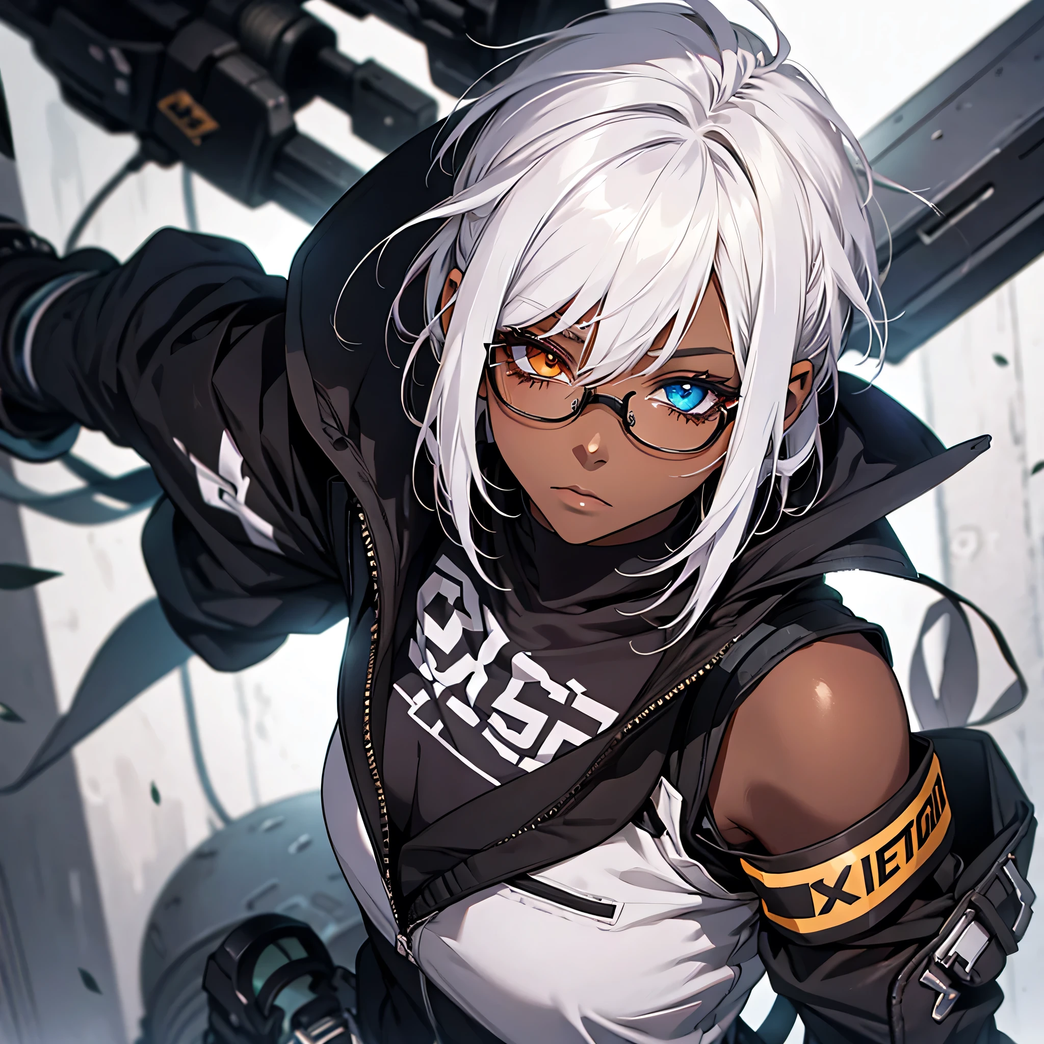 1girl, darkskin, punk haircut, heterochromia, glasses