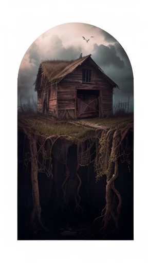 there is a picture of a barn with roots in the ground, southern gothic art, witch hut, by Daarken, unsettling image, full body view, southern gothic scene, eerie highly detailed, by Anna Füssli, horror surreal art, root trap, by Adam Marczyński, haunted house, covered with roots, unsettling atmosphere