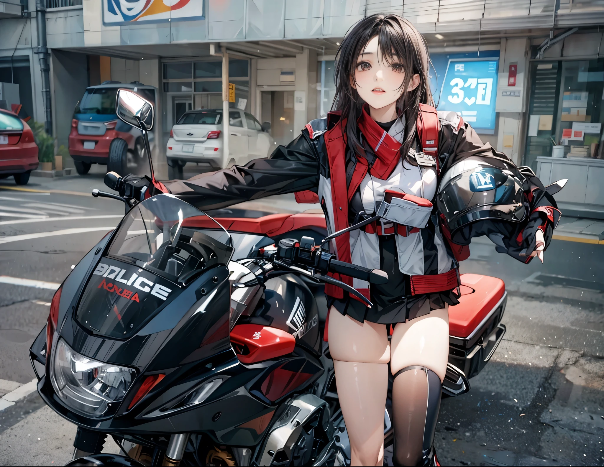 1 Girl、Black Hair、motorcycle、,mini skirt、White panties、Beautiful thighs、in town、