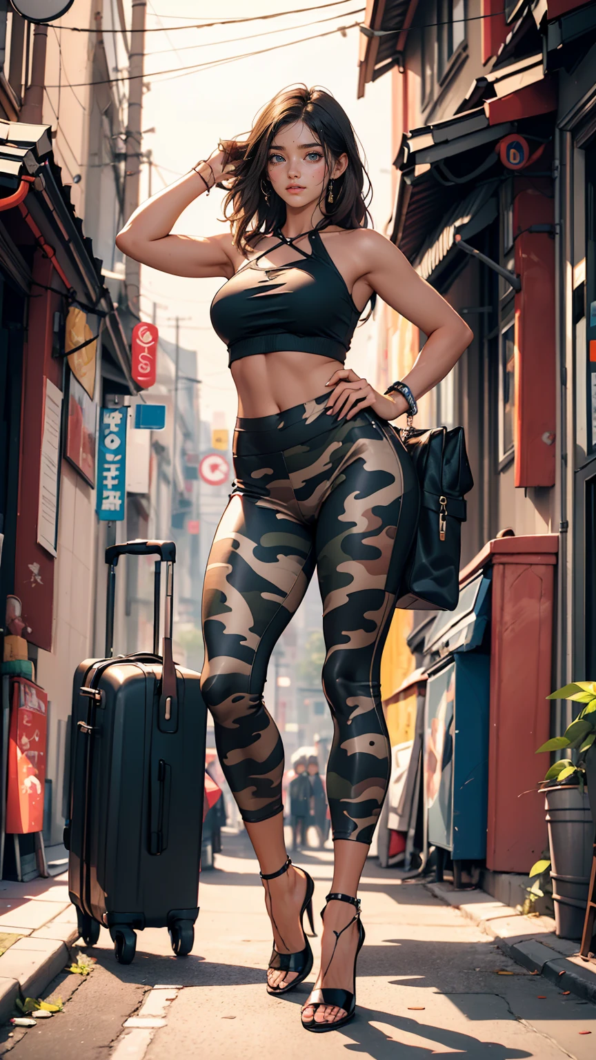 24-year-old female、long hair、Straight Hair、Shiny hair、Sexy proportions、Wear a camouflage cross halter top、Wear low-rise camouflage leggings、Wearing camouflage stiletto heels、smile、Place your hands on your hips、Concrete wall background、Plenty of sunshine、Cowboy Shot