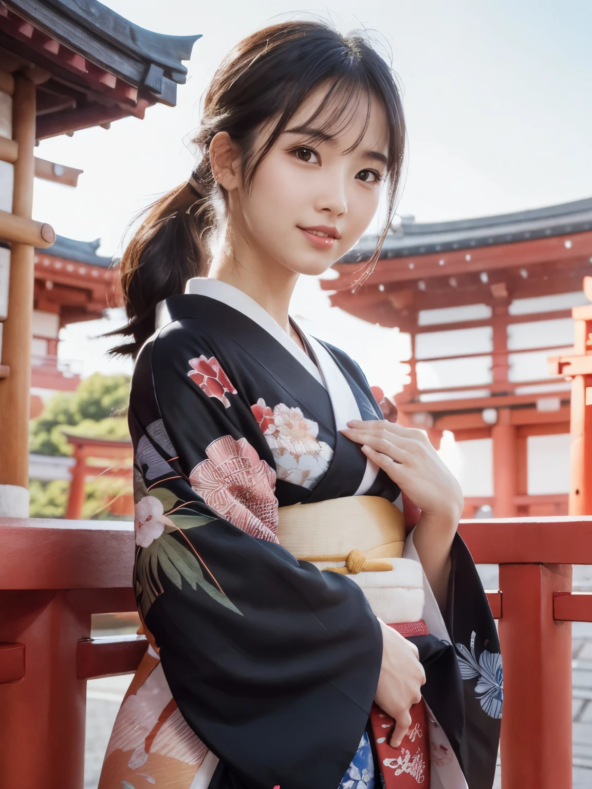 (highest quality, 32k, High resolution, masterpiece:1.5, ), internal_jet, Transparent air, Beautiful Japanese Girl, one person, Very beautiful face, Shiny black hair, ponytail, Asymmetrical bangs, Magic big eye, A loving look, double eyelid, clear, Smooth, White skin, Pale pink lips, White and perfect teeth, Natural Makeup, Motherhood and generosity, (A fleeting smile:0.7), red kimono, ((traditional Japanese Yukata)), Dazzling summer sunlight, Japanese cityscape, detailed blue sky, Professional Lighting, Professional Photographer, Professional Model, Mysterious