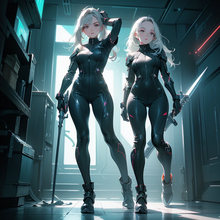 Design a layout showcase Gaming character, (1girl). Black+Silver clothes, sleek and modern, ((showcase weapon:1.4)), laser gun, (masterpiece:1.2), (best quality), 4k, ultra-detailed, (Step by step design, layout art:1.5), (neon lighting, cyber ambiance), cyberpunk, ((tech gloves)), (((revealing jumpsuit:1.3))), tech armor, combat boots, (((full_body_shot:1.4)))
