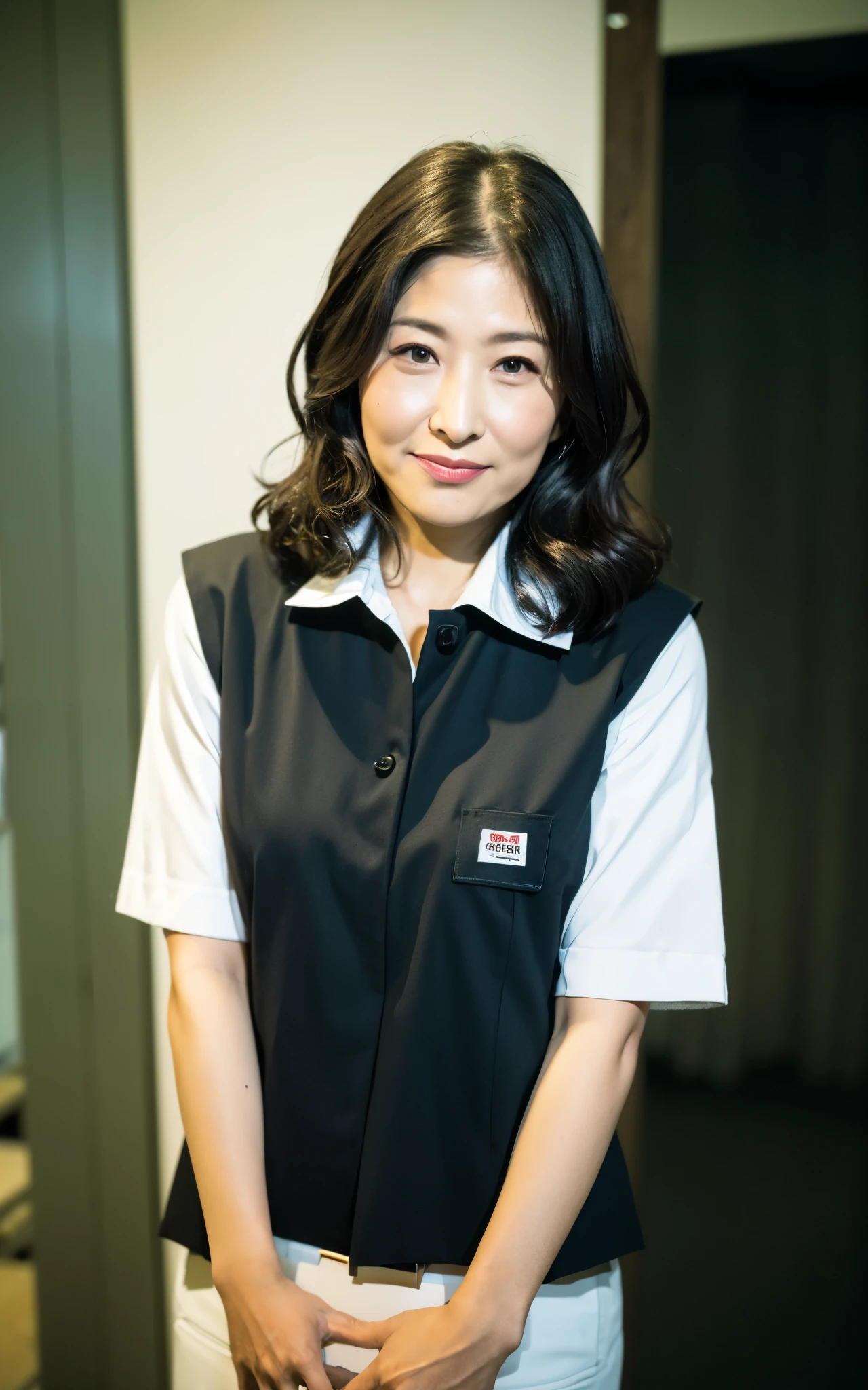 ((Best Quality, 8k, Masterpiece: 1.3)), Photorealistic, Sharp Focus, High Quality, High Definition, Portrait, Solo, Japan, Middle Aged Woman, Beauty, 43 years old, Plump, Wavy Hair, receptionist uniform, Wrinkles at the corners of the eyes:0.5, Narrow backyard, Lots of boxes, Lots of files, Dark background