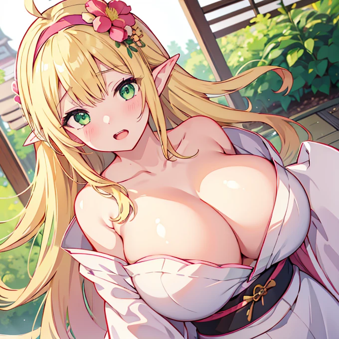 1girl, , looking at viewer, blush, open mouth, blonde hair, large breastsornament, green eyes, flower, ahoge, hetero, hairband, japanese clothes, solo focus, tongue, pointy ears, hair flower, kimono, breasts squeezther, (((large breasts))),((cleavagests out,