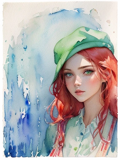 painting of a woman with red hair and a green hat, fantasy water color, watercolor sketch, fantasy watercolor, watercolor on paper, rough watercolor painting, inspired by Lois van Baarle, watercolor artstyle, a watercolor painting, watercolor colored painting, with red hair and green eyes, watercolor art on paper, intense watercolor, loose watercolor drawing, saturated watercolor