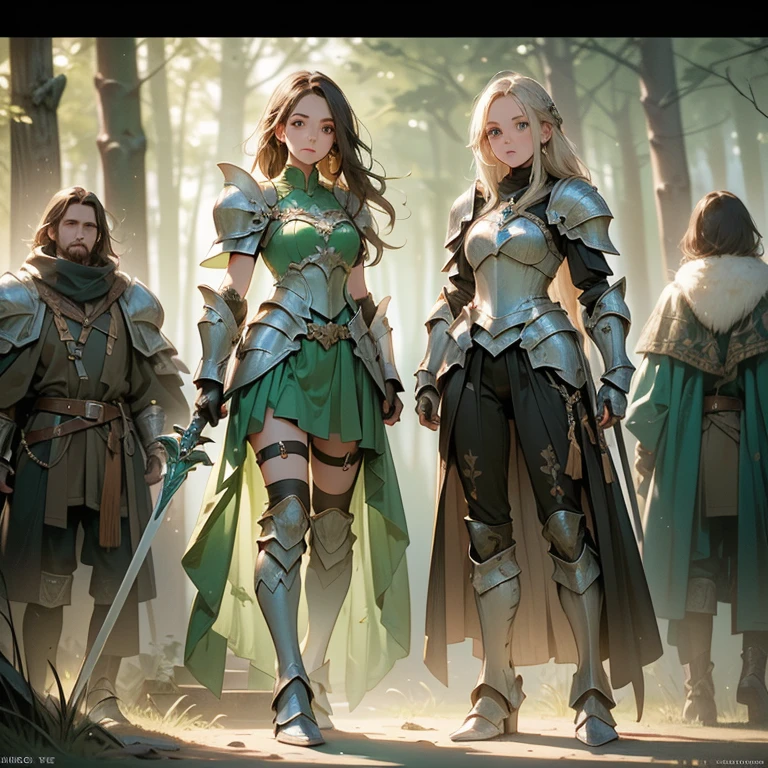 Design a layout showcase Gaming character, (1girl). Green+Brown clothes, earthy and grounded, ((showcase weapon:1.4)), spear, (masterpiece:1.2), (best quality), 4k, ultra-detailed, (Step by step design, layout art:1.5), (forest lighting, natural setting), warrior, ((leather gloves)), (((revealing armor:1.3))), bark vambraces, rugged boots, (((full_body_shot:1.4)))
