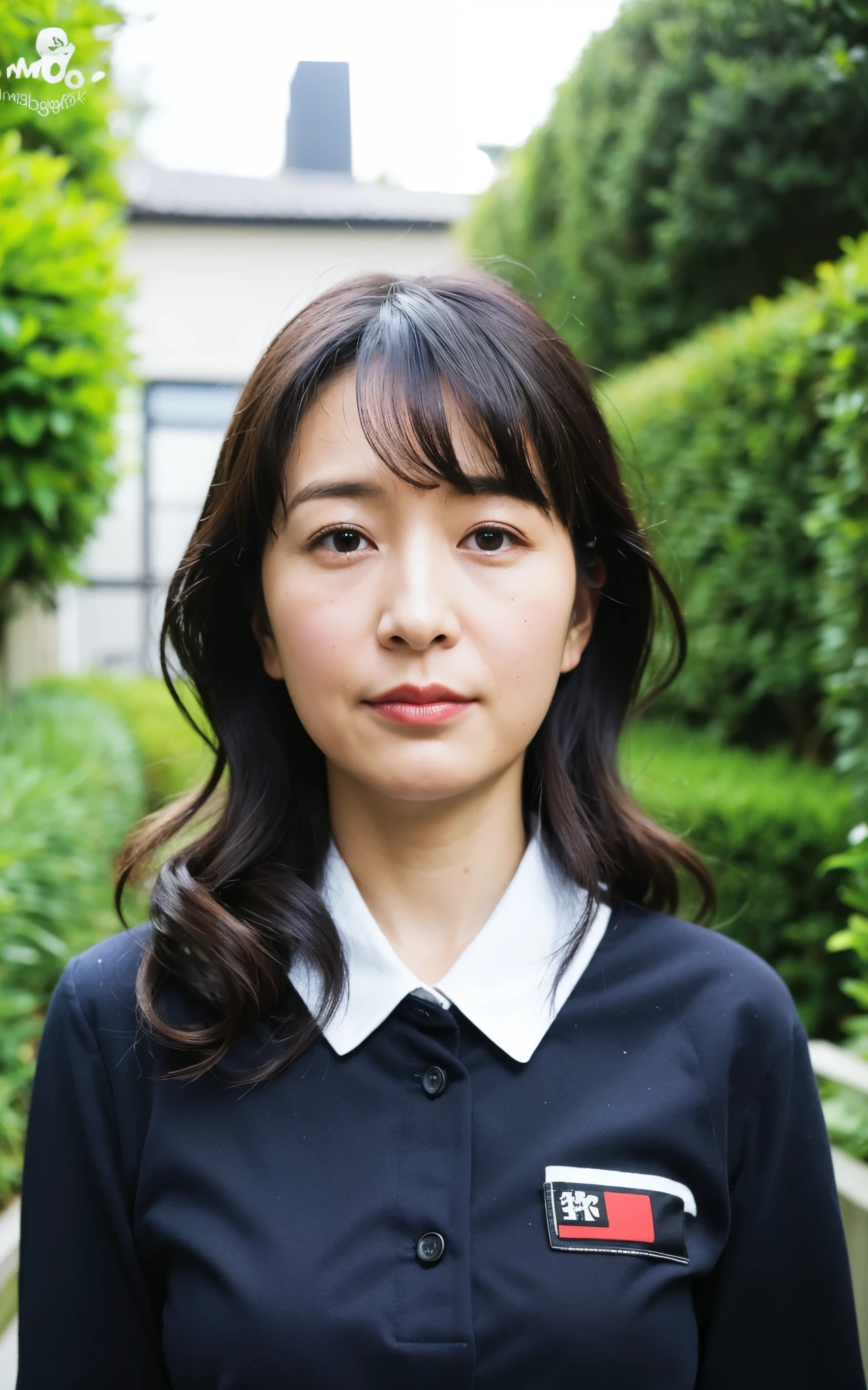 ((Best Quality, 8k, Masterpiece: 1.3)), Photorealistic, Sharp Focus, High Quality, High Definition, Portrait, Solo, Japan, Middle Aged Woman, Beauty, 43 years old, Plump, Wavy Hair, receptionist uniform, Wrinkles at the corners of the eyes:0.5, Narrow backyard, Lots of boxes, Lots of files, Dark background