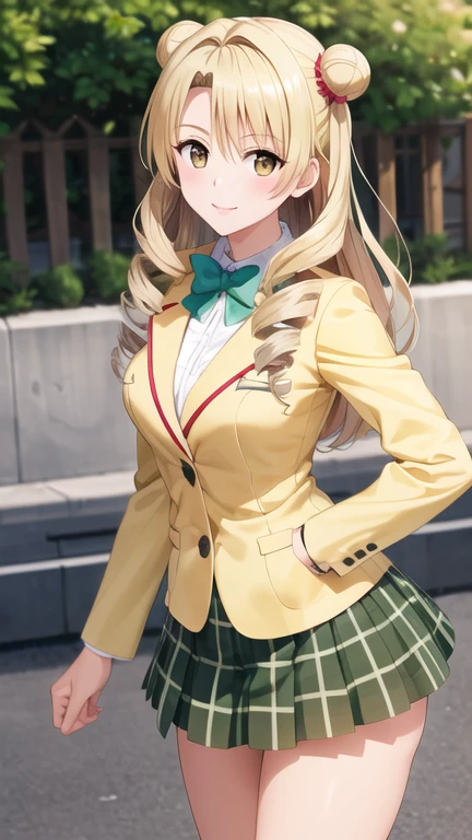 masterpiece, best quality, highres, 1girl, solo, long hair, blonde hair, double bun, drill hair, brown eyes, , green bowtie, blazer, yellow jacket, long sleeves, plaid skirt, green skirt, standing, cowboy shot, outdoors, smile,