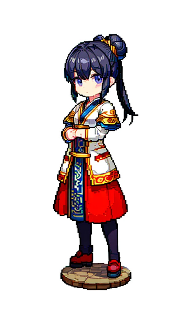古代中国の鎧をwhole bodyに着た男性、Clever man、Looking into the camera、His hair is in a bun and wrapped in cloth、Only one topknot、Black Hair、Stand and pose、Pixel art、(masterpiece, highest quality, highest quality), pixel,pixel art,whole body,Characters in Romance of the Three Kingdoms、Transform、Short Deformation、Leather Armor