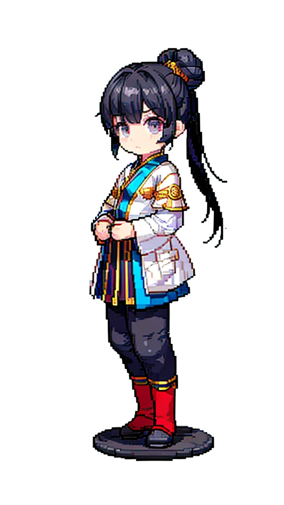 古代中国の鎧をwhole bodyに着た男性、Clever man、Looking into the camera、His hair is in a bun and wrapped in cloth、Only one topknot、Black Hair、Stand and pose、Pixel art、(masterpiece, highest quality, highest quality), pixel,pixel art,whole body,Characters in Romance of the Three Kingdoms、Transform、Short Deformation、Leather Armor
