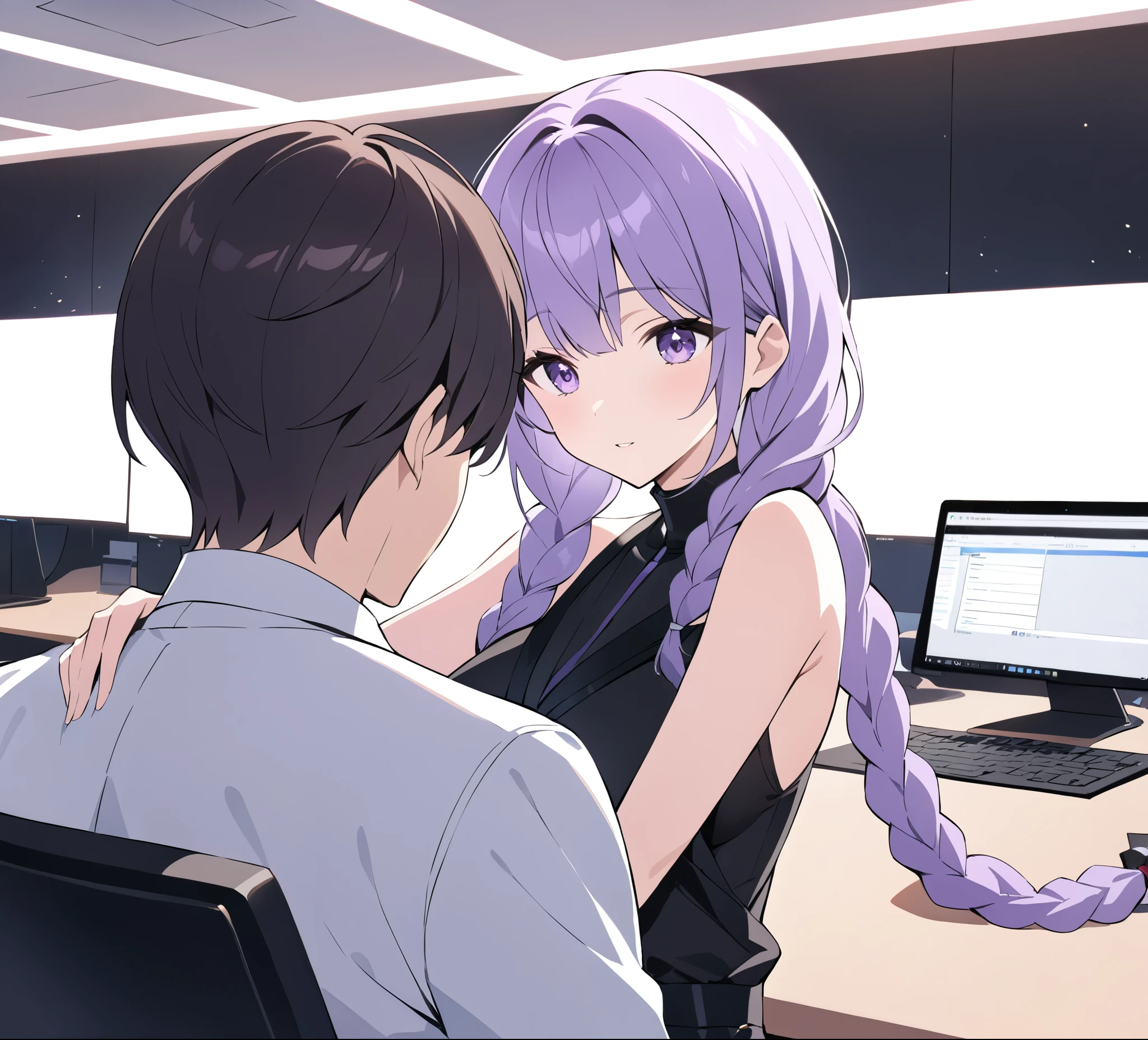 A captivating illustration portraying a blossoming romance between a man and a woman((1 male, 1 woman with purple and white gradient double braids)) in the office. The art form resembles a subtle and sophisticated digital painting, capturing the nuances of their relationship. The scene is set in a modern office space, with sleek desks, computers, and a backdrop of bustling professionals. The man and woman are seated close to each other, engrossed in a heartfelt conversation. Their body language exudes warmth and familiarity, hinting at their connection. Soft, natural lighting fills the room, creating a warm and inviting atmosphere. The overall result is a tender depiction of an office romance, showcasing the delicate balance between work and love in a professional setting.