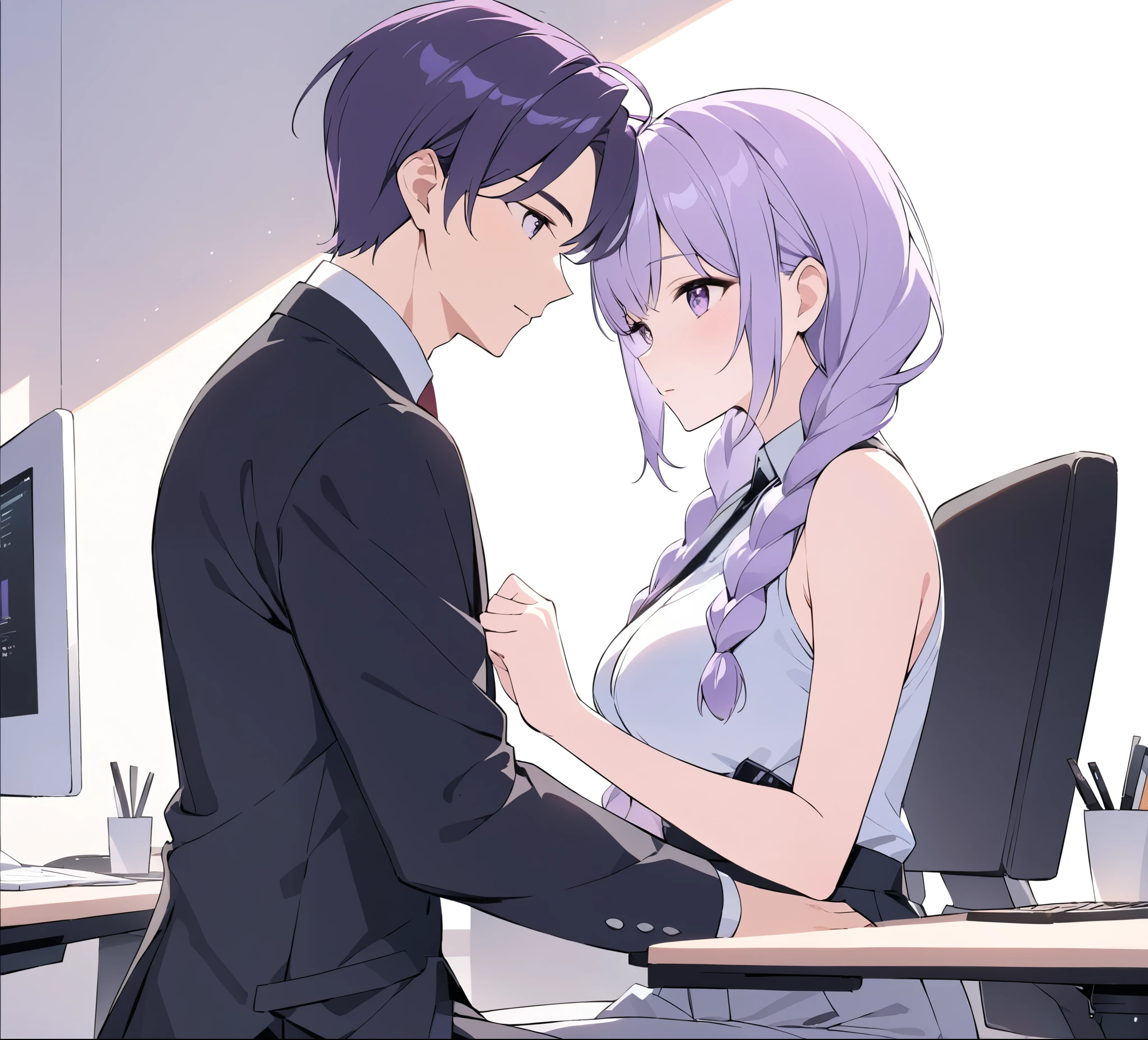 A captivating illustration portraying a blossoming romance between a man and a woman((1 male, 1 woman with purple and white gradient double braids)) in the office. The art form resembles a subtle and sophisticated digital painting, capturing the nuances of their relationship. The scene is set in a modern office space, with sleek desks, computers, and a backdrop of bustling professionals. The man and woman are seated close to each other, engrossed in a heartfelt conversation. Their body language exudes warmth and familiarity, hinting at their connection. Soft, natural lighting fills the room, creating a warm and inviting atmosphere. The overall result is a tender depiction of an office romance, showcasing the delicate balance between work and love in a professional setting.