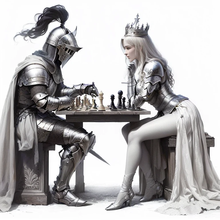 masterpiece, photo realistic a knight and a woman playing chess, by Alexander Kucharsky, by Richard Mortensen, knight chess, !!playing chess!!, knight and princess, chess, by Eugeniusz Zak, by Grzegorz Rutkowski, by Grzegorz Domaradzki, by Ignacio Zuloaga, full body, perfect body, perfect hair, make clothing ultra realistic, make the armor of that knight realistic, best quality keep the same pose