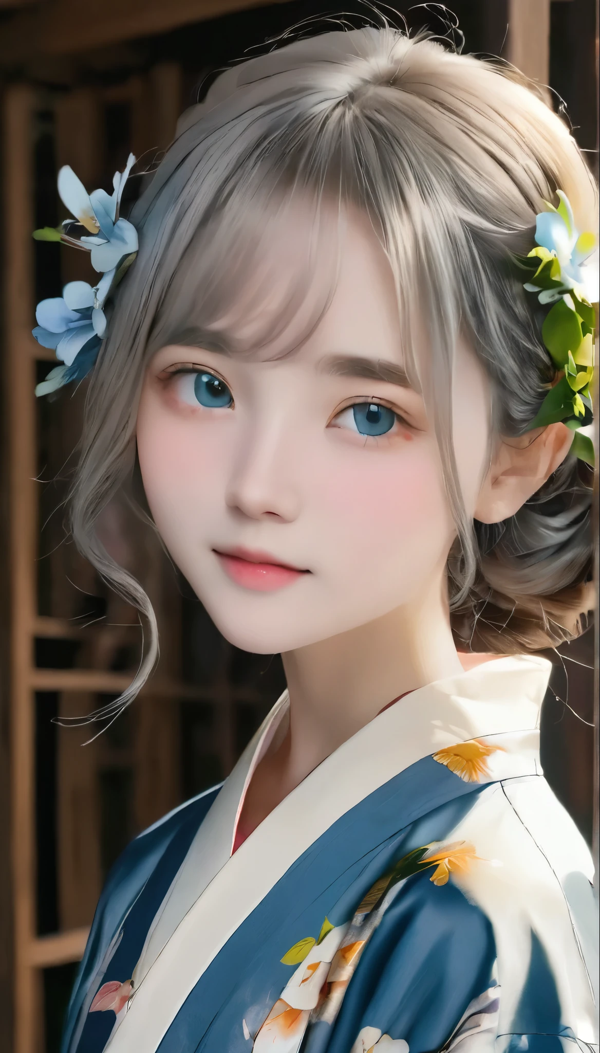 (((RAWphotograph:1.3、Realistic、Ultra-realism)))、highest quality, Tabletop, High resolution, (((One Girl))), 16 years old,(((eyes are gray:1.3)))、Gray kimono、((美しいGray kimono)), Tyndall effect, Realistic, Shadow Studio,Ultramarine Lighting, Dual Tone Lighting, (High resolutionスキン: 1.2)、Pale colored lighting、Dim lighting、 Digital SLR, photograph, High resolution, 4K, 8k, Background Blur,Beautiful fade out、gray flower world，Facing forward