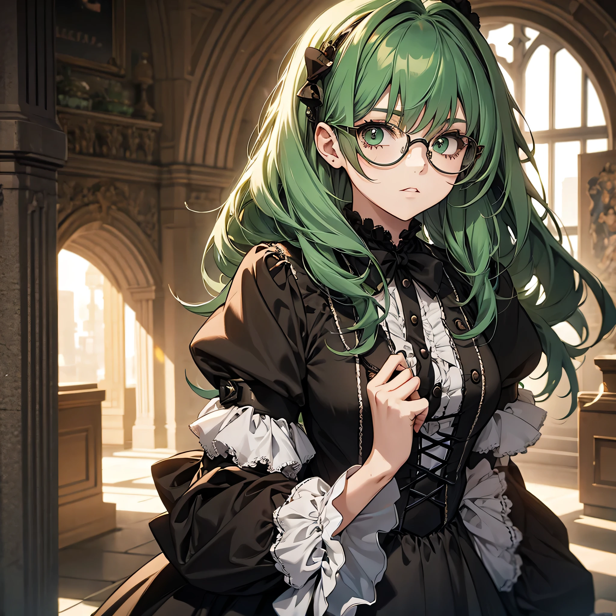 1girl, green hair, cute, glasses, gothic lolita,