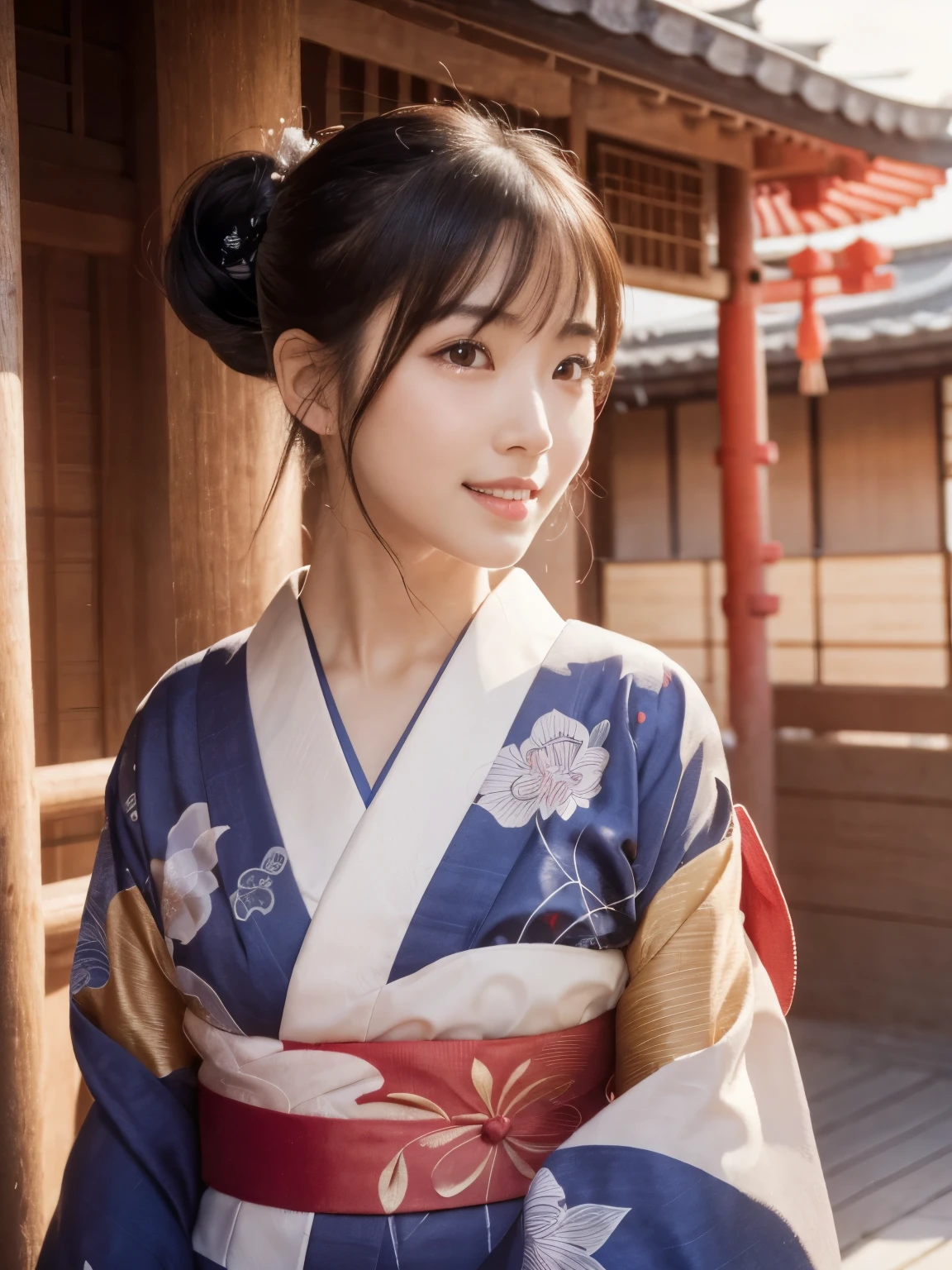 (highest quality, 32k, High resolution, masterpiece:1.5, ), internal_jet, Transparent air, Beautiful Japanese Girl, one person, Very beautiful face, Shiny black hair, ponytail, Asymmetrical bangs, Magic big eye, A loving look, double eyelid, clear, Smooth, White skin, Pale pink lips, White and perfect teeth, Natural Makeup, Motherhood and generosity, (A fleeting smile:0.7), red kimono, ((traditional Japanese Yukata)), Dazzling summer sunlight, Japanese cityscape, detailed blue sky, Professional Lighting, Professional Photographer, Professional Model, Mysterious