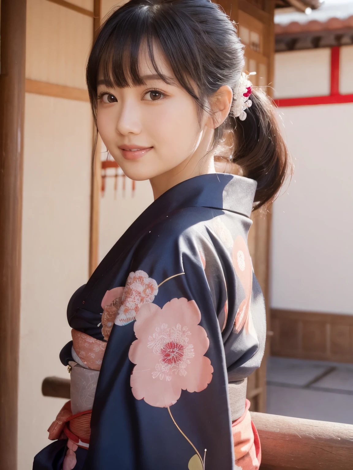 (highest quality, 32k, High resolution, masterpiece:1.5, ), internal_jet, Transparent air, Beautiful Japanese Girl, one person, Very beautiful face, Shiny black hair, ponytail, Asymmetrical bangs, Magic big eye, A loving look, double eyelid, clear, Smooth, White skin, Pale pink lips, White and perfect teeth, Natural Makeup, Motherhood and generosity, (A fleeting smile:0.7), red kimono, ((traditional Japanese Yukata)), Dazzling summer sunlight, Japanese cityscape, detailed blue sky, Professional Lighting, Professional Photographer, Professional Model, Mysterious