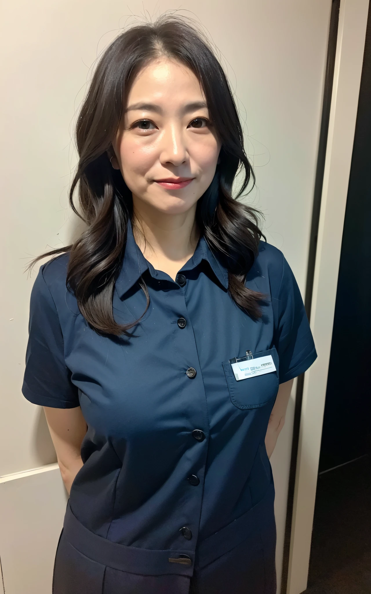 ((Best Quality, 8k, Masterpiece: 1.3)), Photorealistic, Sharp Focus, High Quality, High Definition, Portrait, Solo, Japan, Middle Aged Woman, Beauty, 43 years old, Plump, Wavy Hair, receptionist uniform, Wrinkles at the corners of the eyes:0.5, Narrow backyard, Lots of boxes, Lots of files, Dark background