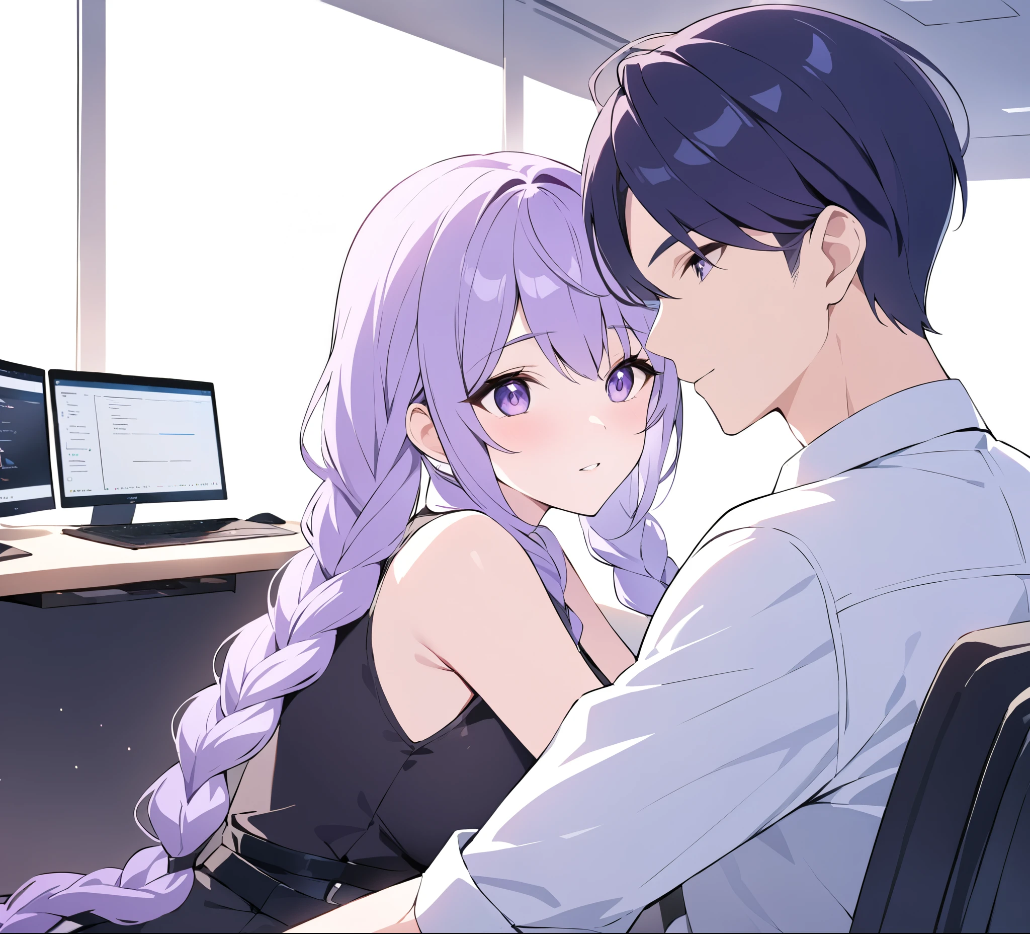 A captivating illustration portraying a blossoming romance between a man and a woman((1 male, 1 woman with purple and white gradient double braids)) in the office. The art form resembles a subtle and sophisticated digital painting, capturing the nuances of their relationship. The scene is set in a modern office space, with sleek desks, computers, and a backdrop of bustling professionals. The man and woman are seated close to each other, engrossed in a heartfelt conversation. Their body language exudes warmth and familiarity, hinting at their connection. Soft, natural lighting fills the room, creating a warm and inviting atmosphere. The overall result is a tender depiction of an office romance, showcasing the delicate balance between work and love in a professional setting.