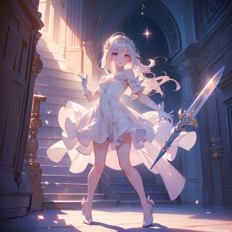 Design a layout showcase Gaming character, (1girl). Pink+White clothes, cute and playful, ((showcase weapon:1.4)), magical wand, (masterpiece:1.2), (best quality), 4k, ultra-detailed, (Step by step design, layout art:1.5), (soft lighting, whimsical atmosphere), magical girl, ((sparkly gloves)), (((revealing dress:1.3))), heart vambraces, ballet shoes, (((full_body_shot:1.4)))

