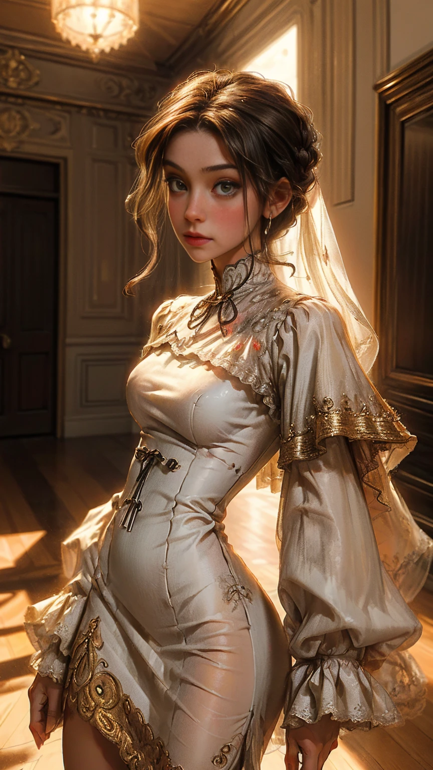 ((hermosa doncella detallada vestida con un hermoso vestido de encaje blanco, 1800s style:1.5)), elegant mansion from the 1800s interior, hiper detallado, 8K, Alta calidad, ultra realista, realistic lighting, Fotorrealista, cinematographic, rostro y ojos muy detallados, hermoso vestido detallado, detalles intrincados, chiaroscuro lighting, dramatic shadows, warm color tones, golden hour lighting, ornate decoration, muebles de lujo, suelos de parquet.