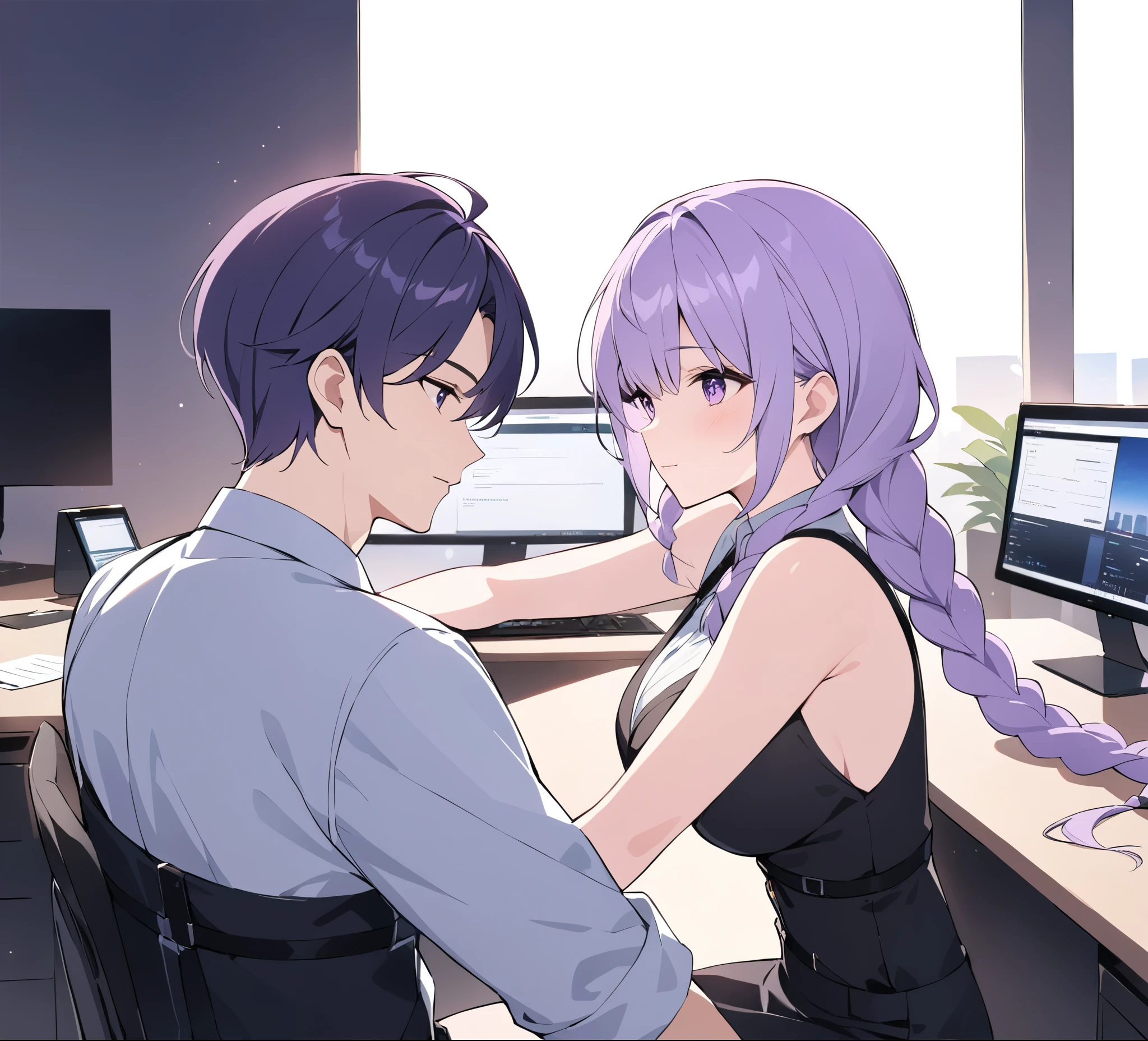 A captivating illustration portraying a blossoming romance between a man and a woman((1 male, 1 woman with purple and white gradient double braids)) in the office. The art form resembles a subtle and sophisticated digital painting, capturing the nuances of their relationship. The scene is set in a modern office space, with sleek desks, computers, and a backdrop of bustling professionals. The man and woman are seated close to each other, engrossed in a heartfelt conversation. Their body language exudes warmth and familiarity, hinting at their connection. Soft, natural lighting fills the room, creating a warm and inviting atmosphere. The overall result is a tender depiction of an office romance, showcasing the delicate balance between work and love in a professional setting.