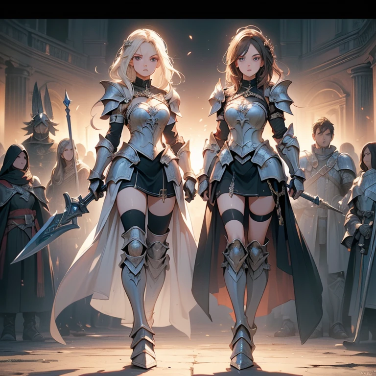 Design a layout showcase Gaming character, (1girl). Red+Gold clothes, regal and powerful, ((showcase weapon:1.4)), battle axe, (masterpiece:1.2), (best quality), 4k, ultra-detailed, (Step by step design, layout art:1.5), (fiery lighting, epic setting), berserker, ((metal gloves)), (((revealing armor:1.3))), chainmail vambraces, armored boots, (((full_body_shot:1.4)))