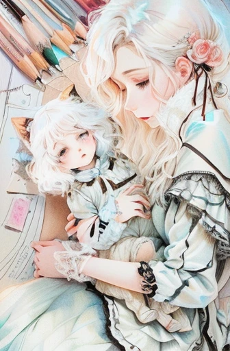 drawing of a woman holding a baby and a doll, mixed media illustration, by Alice Prin, blurry and dreamy illustration, by Zofia Stryjenska, by Ksenia Milicevic, by Maruja Mallo, by Jane Graverol, loish |, mixed media style illustration, pencil and ink manga drawing, ink and charcoal illustration