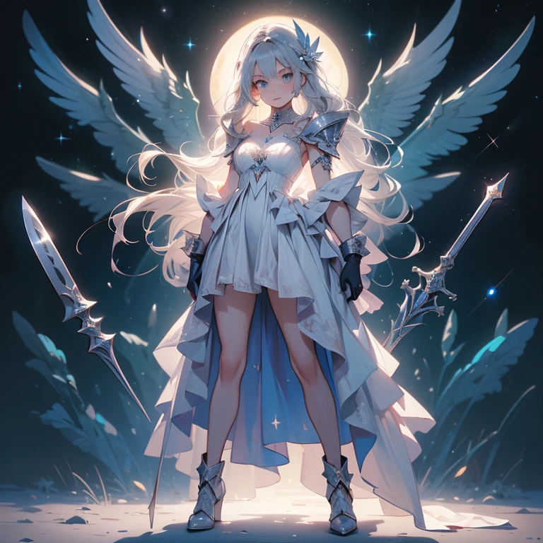 Design a layout showcase Gaming character, (1girl). Blue+Silver clothes, celestial and graceful, ((showcase weapon:1.4)), crescent blade, (masterpiece:1.2), (best quality), 4k, ultra-detailed, (Step by step design, layout art:1.5), (starry lighting, cosmic atmosphere), moon priestess, ((moonlit gloves)), (((revealing gown:1.3))), starlit vambraces, celestial boots, (((full_body_shot:1.4)))
