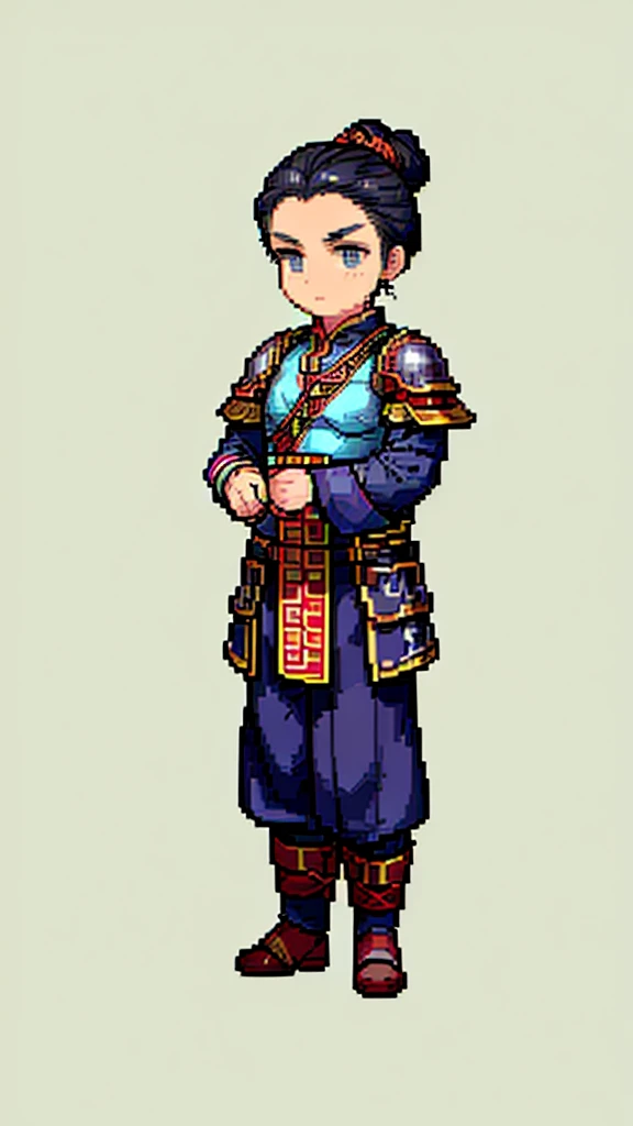Ancient Chinese man in armor、Handsome、Clever man、Looking into the camera、His hair is in a bun and wrapped in cloth、Only one topknot、Black Hair、Stand and pose、Pixel art、(masterpiece, highest quality, highest quality), pixel,pixel art,whole body,Characters in Romance of the Three Kingdoms、Transform、Short Deformation、Iron Armor