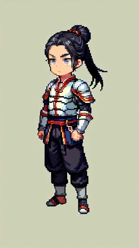 Ancient Chinese man in armor、Handsome、Clever man、Looking into the camera、His hair is in a bun and wrapped in cloth、Only one topknot、Black Hair、Stand and pose、Pixel art、(masterpiece, highest quality, highest quality), pixel,pixel art,whole body,Characters in Romance of the Three Kingdoms、Transform、Short Deformation、Iron Armor