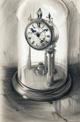 drawing of a clock on a pedestal with a glass dome, memory trapped in eternal time, clock, the passing of time, time does not exist anymore, time is running out, inspired by Anna Füssli, mechanical clock, pencil and ink drawing, clock iconography, the passage of time, detailed charcoal sketch, caught in the flow of time