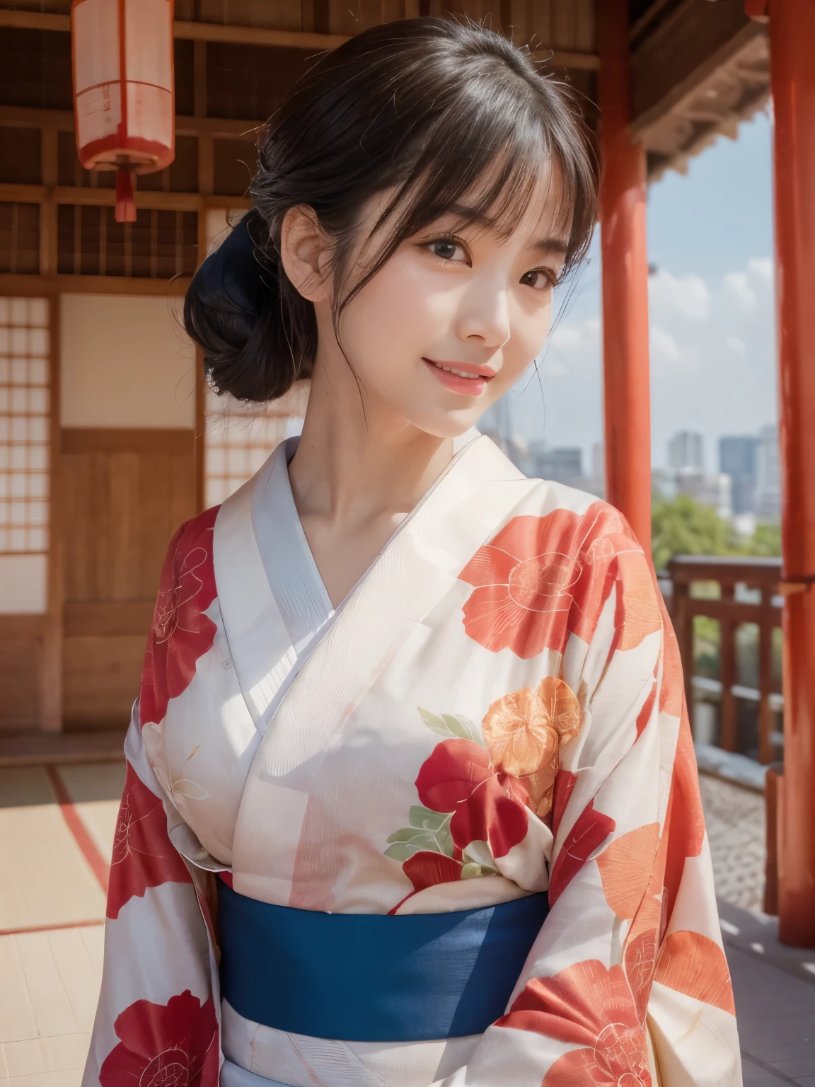 (highest quality, 32k, High resolution, masterpiece:1.5, ), internal_jet, Transparent air, Beautiful Japanese Girl, one person, Very beautiful face, Shiny black hair, ponytail, Asymmetrical bangs, Magic big eye, A loving look, double eyelid, clear, Smooth, White skin, Pale pink lips, White and perfect teeth, Natural Makeup, Motherhood and generosity, (A fleeting smile:0.7), red kimono, ((traditional Japanese Yukata)), Dazzling summer sunlight, Japanese cityscape, detailed blue sky, Professional Lighting, Professional Photographer, Professional Model, Mysterious