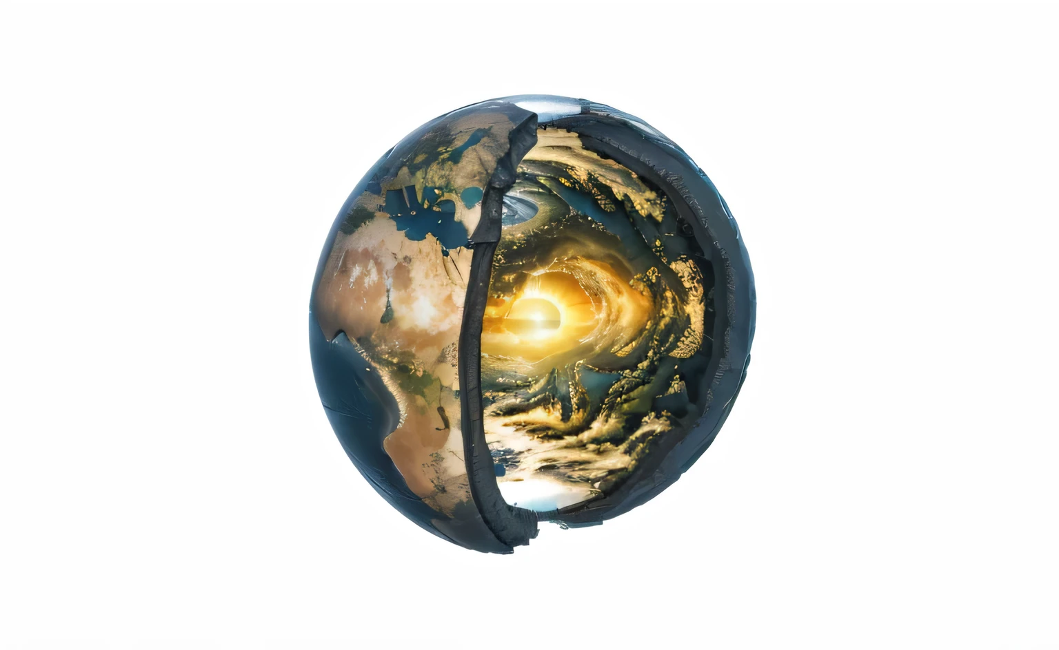 a photorealistic image of a section thru a hollow planet with cities and seas on the inside and outside. A sun in the center is half black and half light