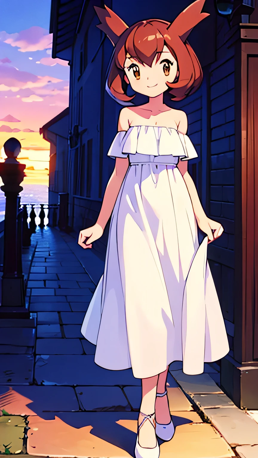 masterpiece, best quality, ultra-detailed, illustration, beautiful detailed eyes, very detailed illustration, cinematic lighting, 1 girl, solo, Pokemon Heroes (Bianca), Brown Hair, brown eyes, 1 girl, solo, bare shoulders, strapless, off shoulders, ruffle off the shoulder top, white maxi dress, intricate details, sharp focus, high resolution, beachside,evening light, purple sundown, walking in white high heels, Coast, cowboy shot, light smile, full body