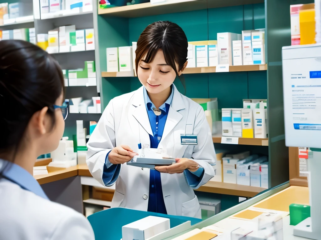 Generated photo of a Japanese pharmacist handing over medicine over the counter at a pharmacy