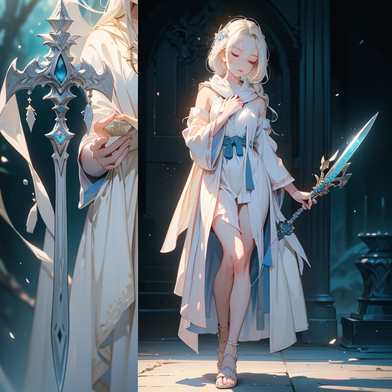 Design a layout showcase Gaming character, (1girl). White+Blue clothes, serene and calming, ((showcase weapon:1.4)), healing staff, (masterpiece:1.2), (best quality), 4k, ultra-detailed, (Step by step design, layout art:1.5), (tranquil lighting, peaceful atmosphere), healer, ((soft gloves)), (((revealing robes:1.3))), healing vambraces, soft sandals, (((full_body_shot:1.4)))