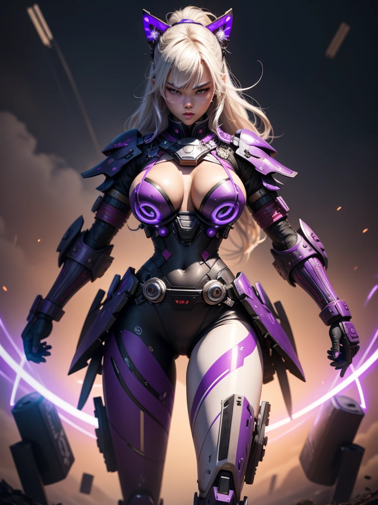 Samurai woman, big tits, technological clothing, white and violet lights, robotic parts, battle pose, long katanas, battlefield. sexy