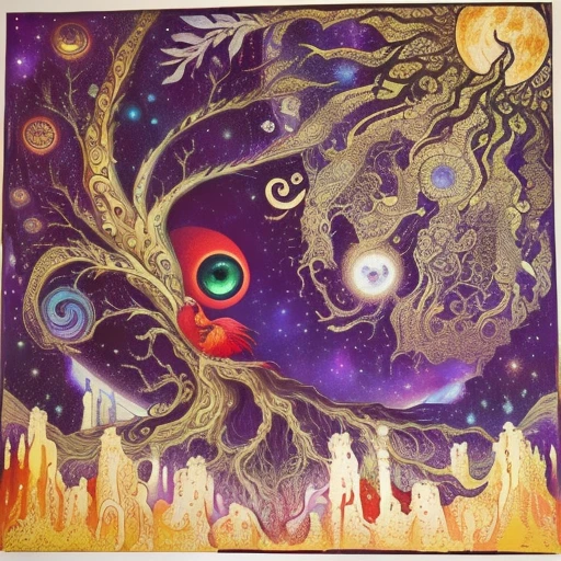 painting of a red bird with a green eye on a purple background, inspired by Georges Lacombe, acrylic and spraypaint, oil and alien on canvas, fantasy acrylic on canvas, cosmic tree, inspired by Ernst Fuchs, cosmic horror painting, inspired by Kay Nielsen, oil pastels and gold, full color mixed media painting, blood moon tentacles!!, cosmic tree of life