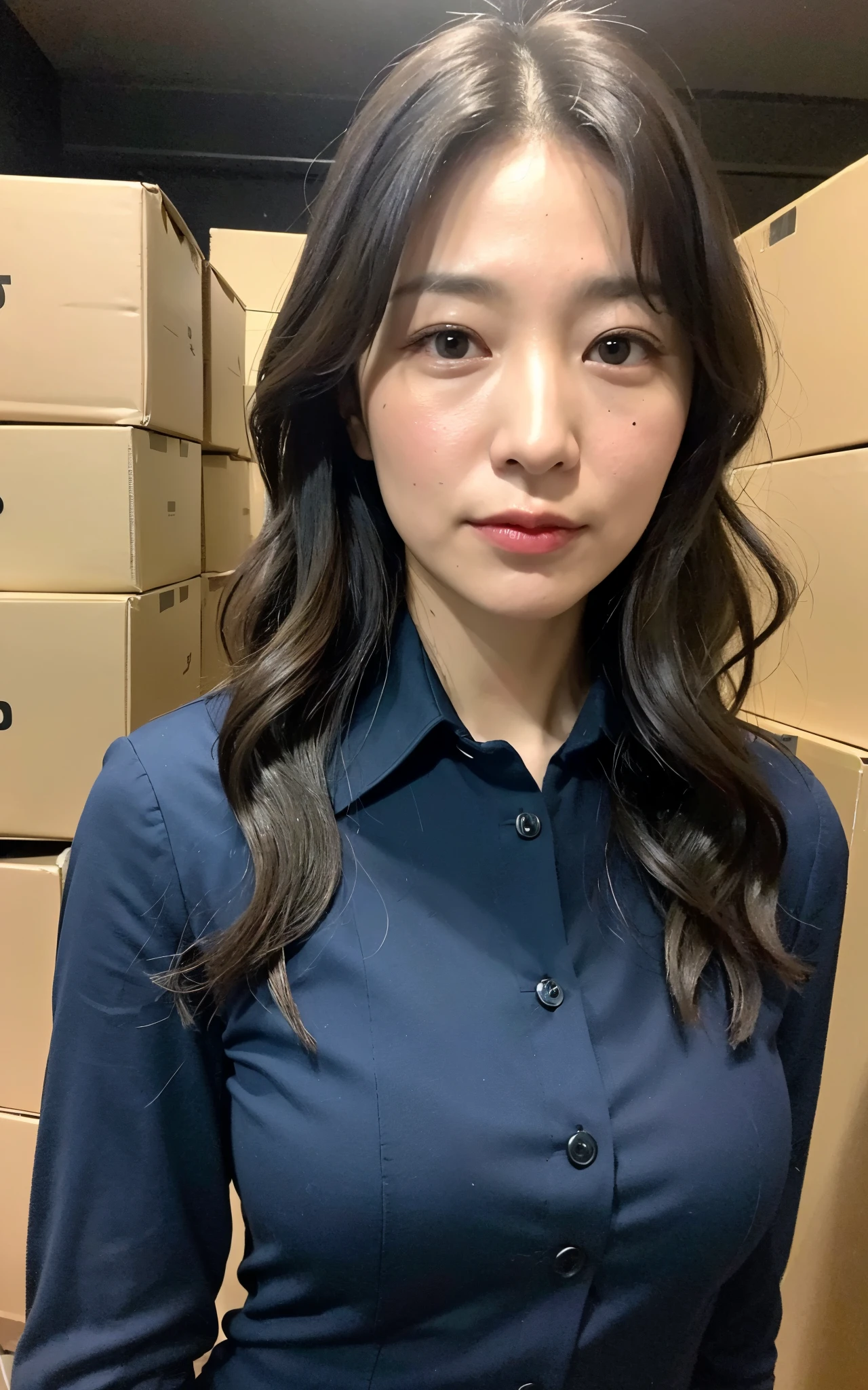 ((Best Quality, 8k, Masterpiece: 1.3)), Photorealistic, Sharp Focus, High Quality, High Definition, Portrait, Solo, Japan, Middle Aged Woman, Beauty, 43 years old, Plump, Wavy Hair, receptionist uniform, Wrinkles at the corners of the eyes:0.5, Narrow backyard, Lots of boxes, Lots of files, Dark background