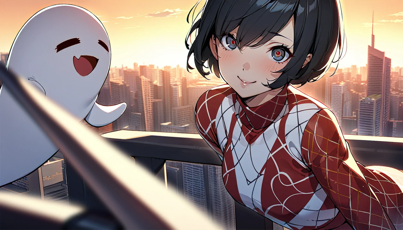 1girl, expressive eyes, sneaky smile, black hair, short hair, hair in front of one eye, red patterned clothes, big urban city in sunset in background, cute ghost in background, detail richness, masterpiece, best quality