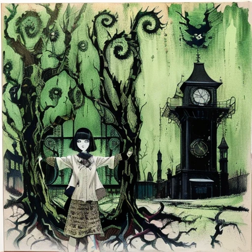 painting of a girl standing in front of a clock tower, inspired by Junji Ito, inspired by William Stout, in style of tim burton, in style of junji ito, junji ito artwork, art style of junji ito, inspired by Fritz von Dardel, girl under lantern, junji ito style, style of jeff soto, style of junji ito